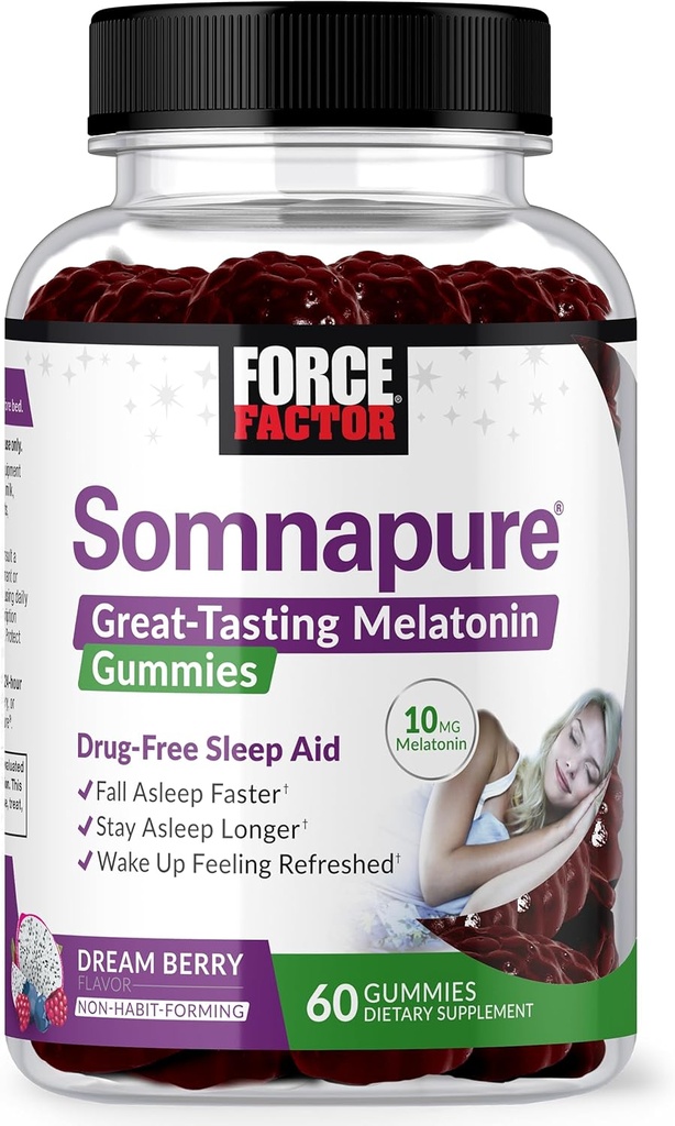 FORCE FACTOR Somnapure Gummys 配有 Melatonin 10 mg 成人,非哈比特-Forming, 深睡的自然睡眠援助, 长眠, 清醒, 梦莓火焰, 60 Counter (Pack of 1)