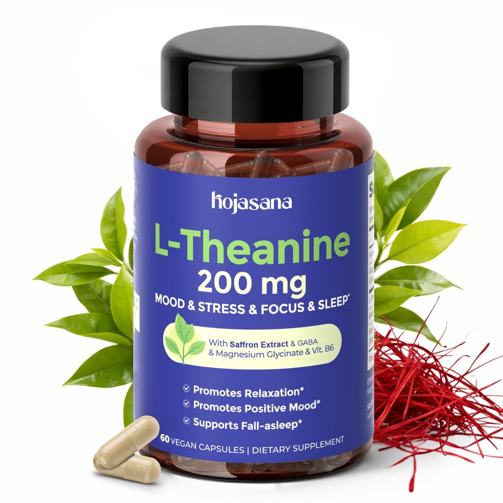 L Theanine 200mg with Saffron, GABA, 甘油镁和维生素B6, L-Thenine 补充 高级复合公式 摩德放松和压力救济及睡眠支持, 60 Vegan Capsules