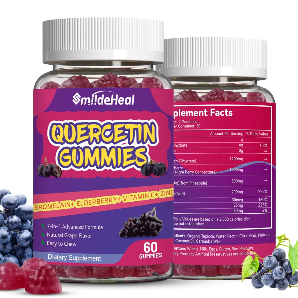2 Pack Quercetin Gummys 1200MG, Quercetin Gummys with Bromelain, Zinc Vitamin C, Immune System Vegan Gummy for Adult & Kid, 120 Vegan (中文(简体) ).