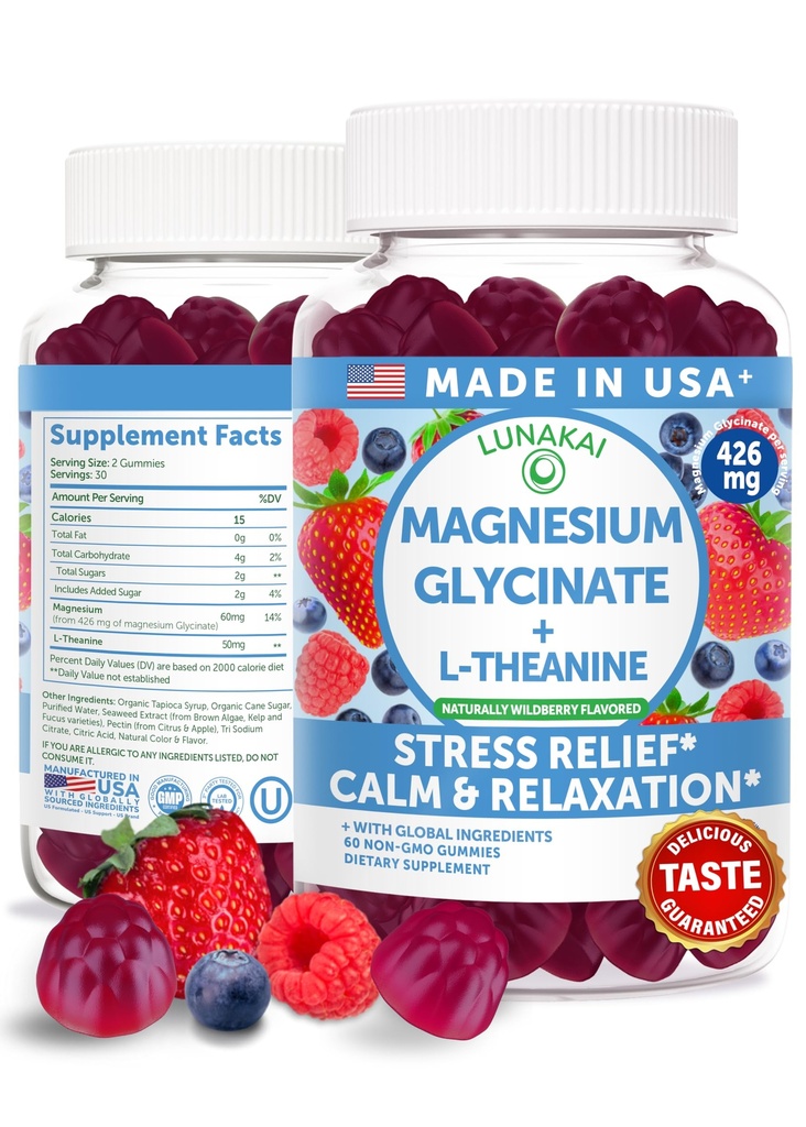 Lunakai USA 制造甘油镁426mg 与L-Theanine — — 冷静、睡眠、减轻成人和孩子的压力,Non-GMO、Vegan,60ct