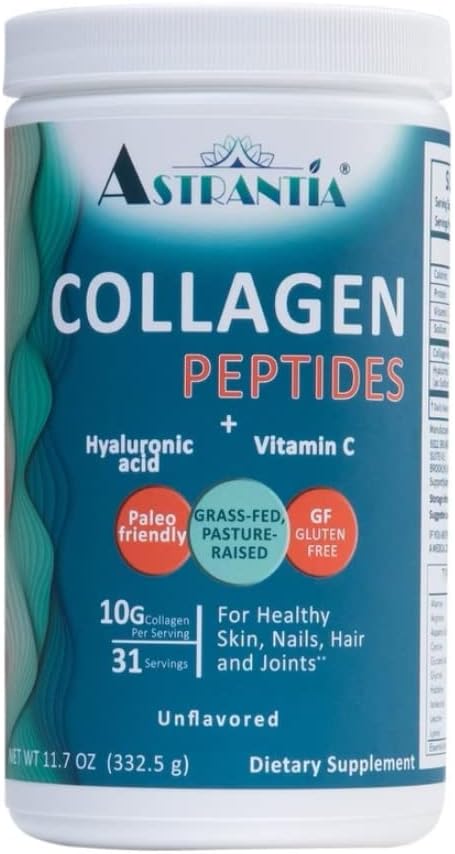ASTANTIA Collagen Peptides Powder,草食无味的Collagen 含Hyaluronic酸和维生素C用于健康钉,皮肤,头发和关节 | Paleo 友好 | Gluten Free | NGMO 11.7 OZ