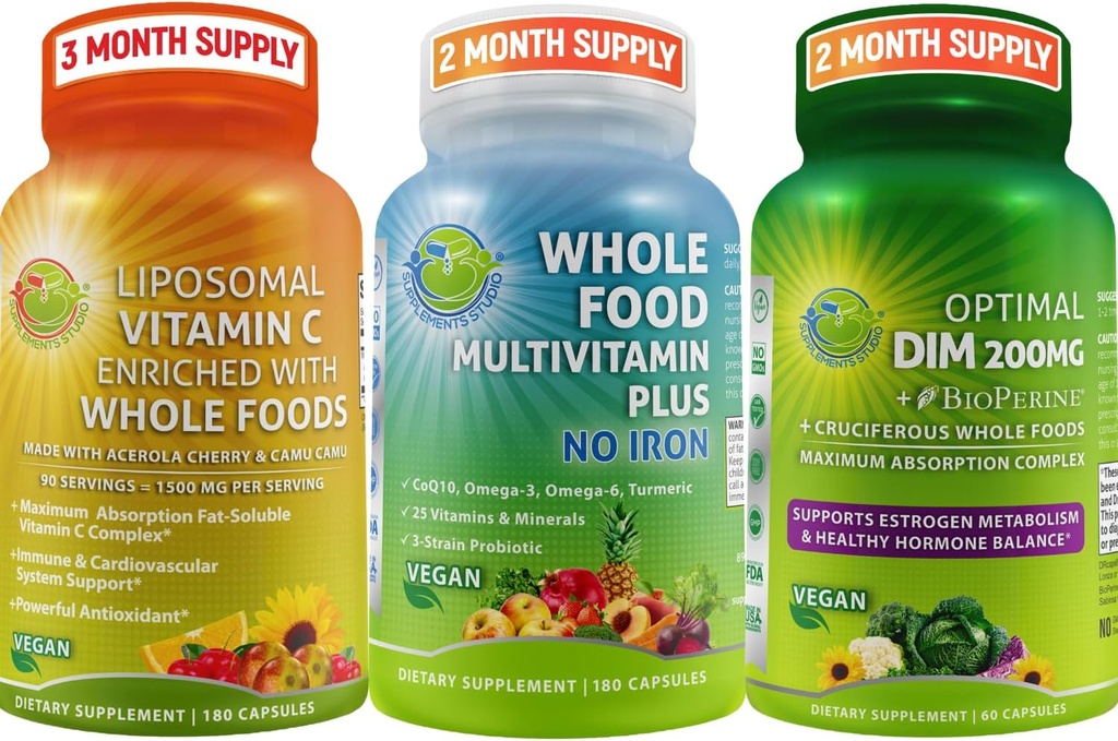 Suppments STUDIO Vegan Imune, 能源与荷尔蒙支持包 男与女 – Vegan 全食 多维生素 无铁 + Liposomal Vitamin C 1500mg + 最佳 DIM 200mg 与 BioPerine →