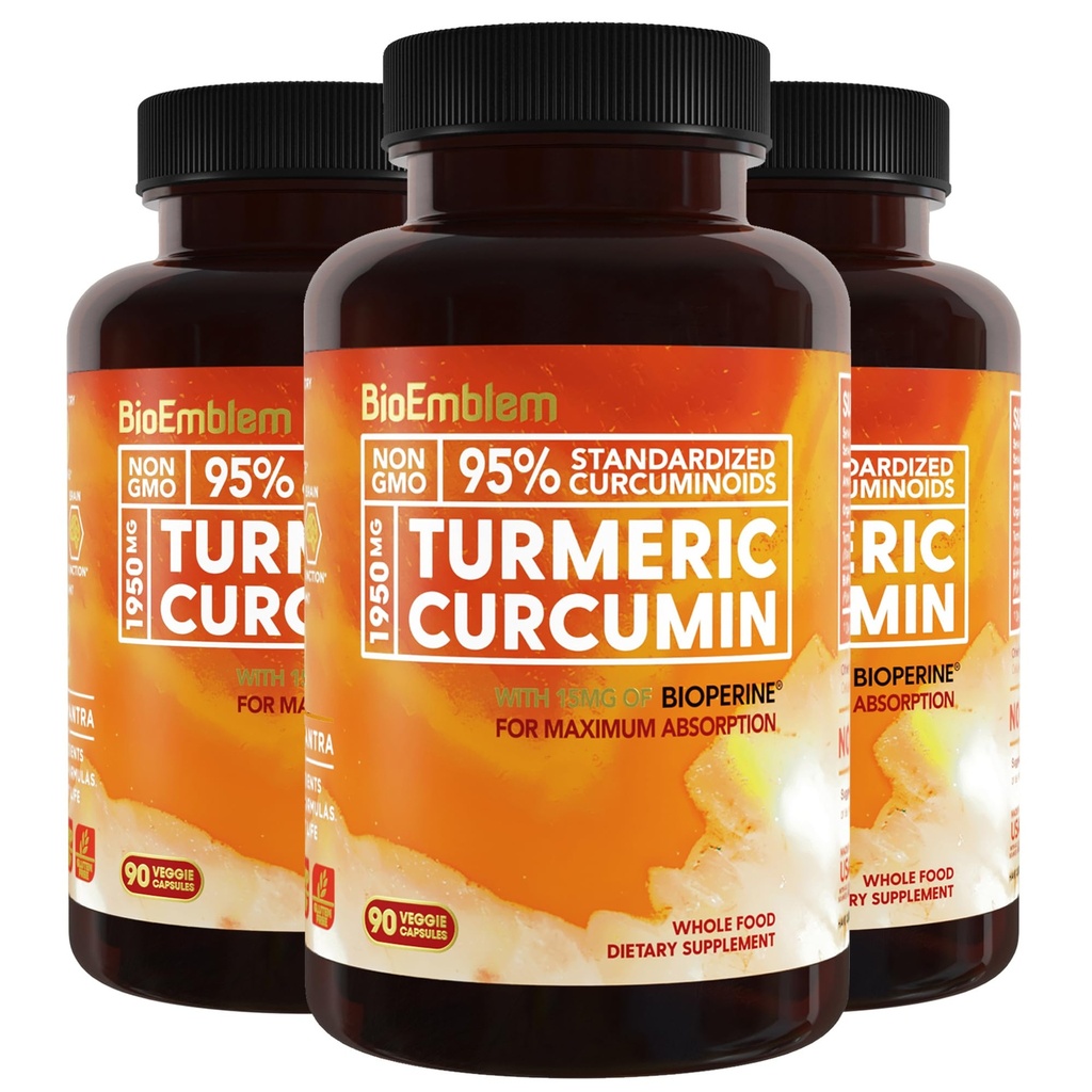 BioEmblem Turmeric Crucumin 与 BioPerine 联合支持和心脏健康 与有机Turmeric Powder 和 95% Crucuminoids 提取 加州制造,非GMO,90天供应