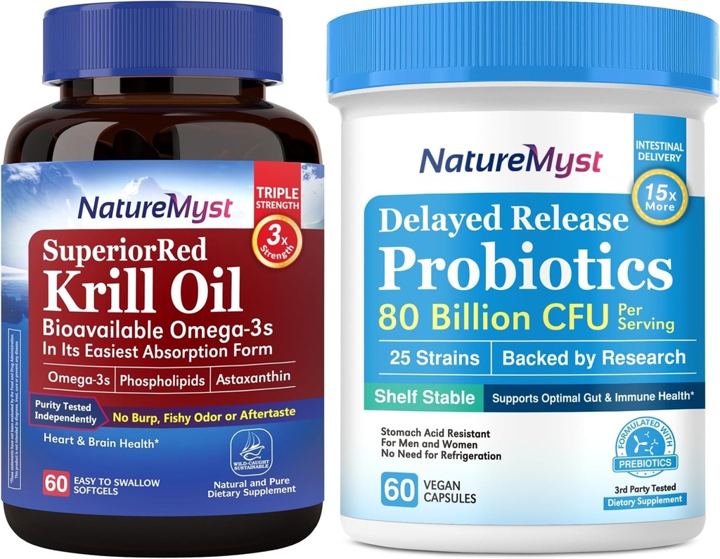 Krill Oil 1000mg and Probiotics Bundle, Omega 3s with DHA EPA & Astaxanthin, Plus 80亿 CPU 25 Strains, Gut, Heart & Immune 函数,非GMO,美国制造,60 软胶 + 60 Capsules