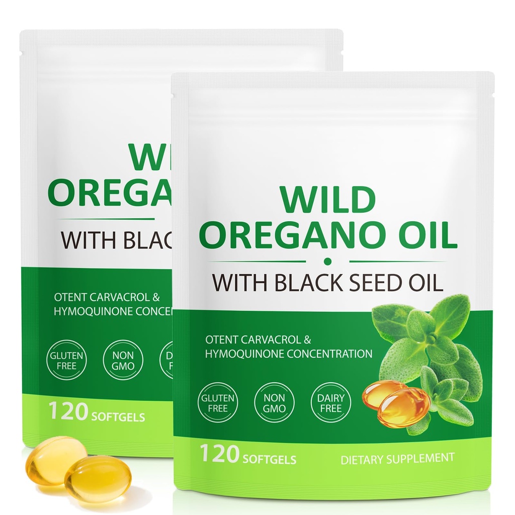 Oregano软胶油6000mg, 2 in 1 配以黑种子油200mg, 免疫支持, Oregano Oil Capsules Organical, 自然防御补充, Non-GMO, 易吞, 240 软胶