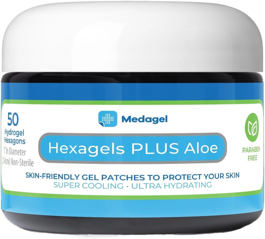 Hexagels Plus Aloe Vera - 用于防滑剂和舒缓燃烧护理的高级热液凝胶垫 - 脚、脚跟、脚趾、脚趾和安克勒保护,50,1-英寸补丁包,由Medagel, Paraben Free Formula编写