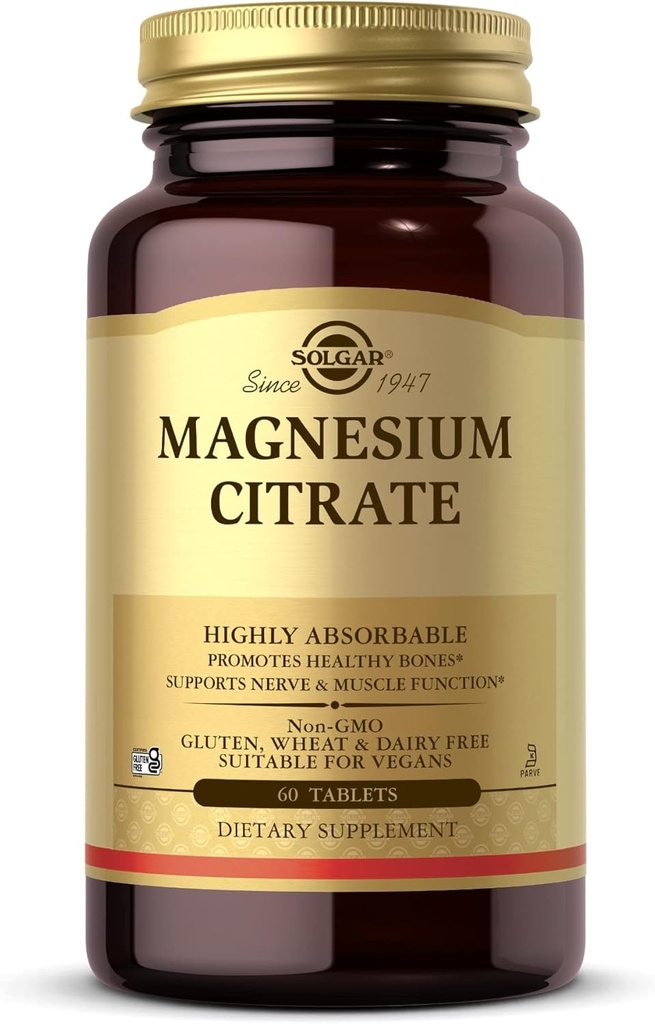 Solgar Magnesium Citrate - 60片 - 推广健康骨骼,支持神经和肌肉功能 - 高吸附性 - 非GMO, Vegan, Gluten Free, Kosher - 30 services
