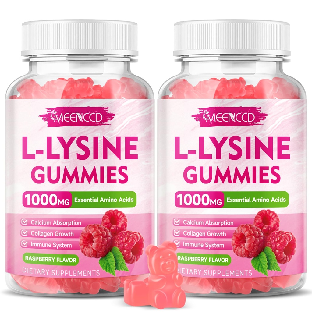 2 Pack L-Lysine 1000mg Gummys,成人和孩子赖氨酸补充剂,口腔和口腔健康必需氨酸,Boost Immune & Colagen & Calcium,无糖,Raspberry Flavor,120 Counter