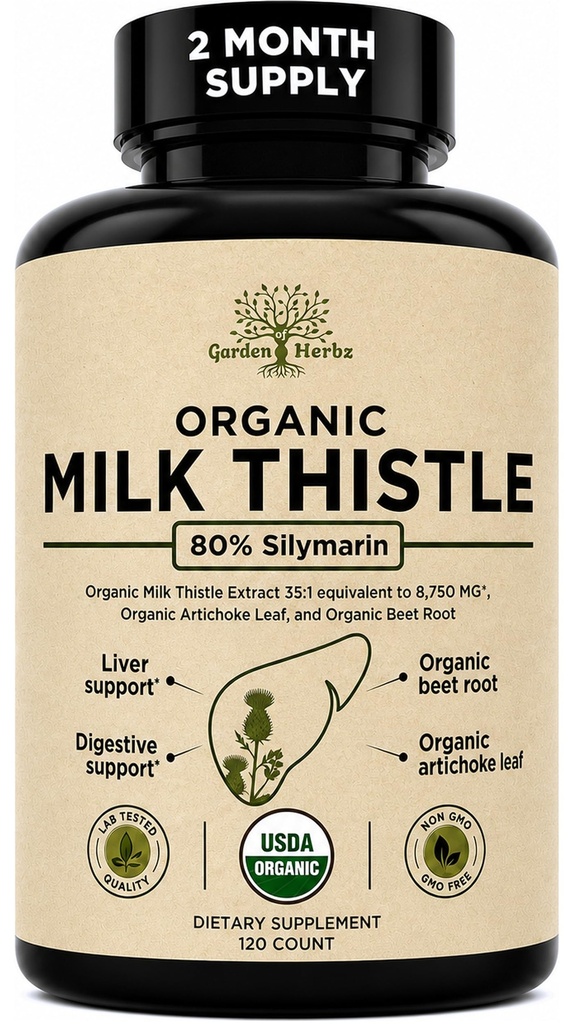 USDA 有机牛奶 硝基肝脏除毒补充剂 80% Silymarin,250毫克 Beet Root & Artichoke Extraction for Liver Support & Digestion,美国制造,120 Capsules(2个月供应)