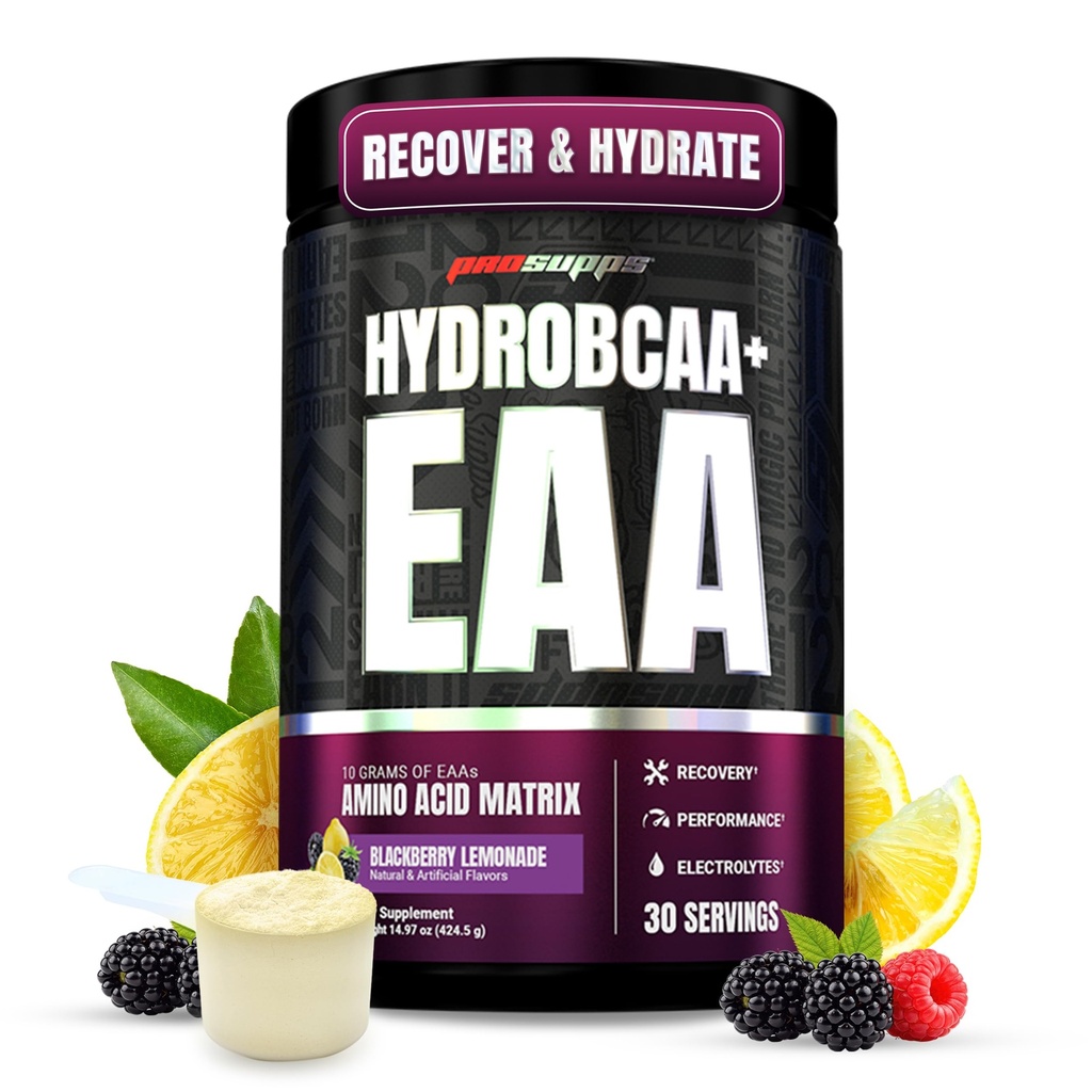 HydroBCAA 基本氨基酸粉、黑莓柠檬汁 -- -- 配有BCAA、EAAs和供水分和回收用的电解剂 -- -- 无兴奋剂、无豆和无胶 -- -- 30种