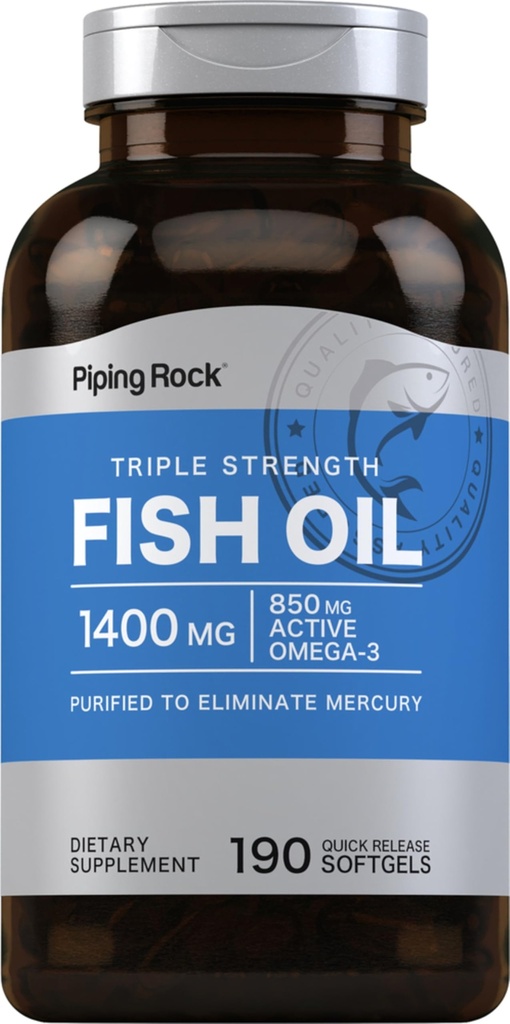 Piping Rock Fish Olega Omega 3 Supplement + $ 1400 mg + 190 Softgels 适用于女性和男性 3 强 + 与 EPA & DHA → Non-GMO & Gluten Free