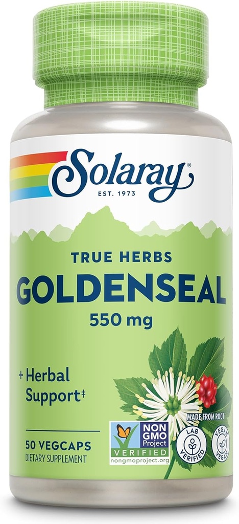 SOLARAY 金赛根 550mg - 金印卡普尔 - 健康支持草药补充剂 - 非GMO, Vegan, Gluten Free, Lab 校验,60天钱背担保,50 服务,50 Veg Caps
