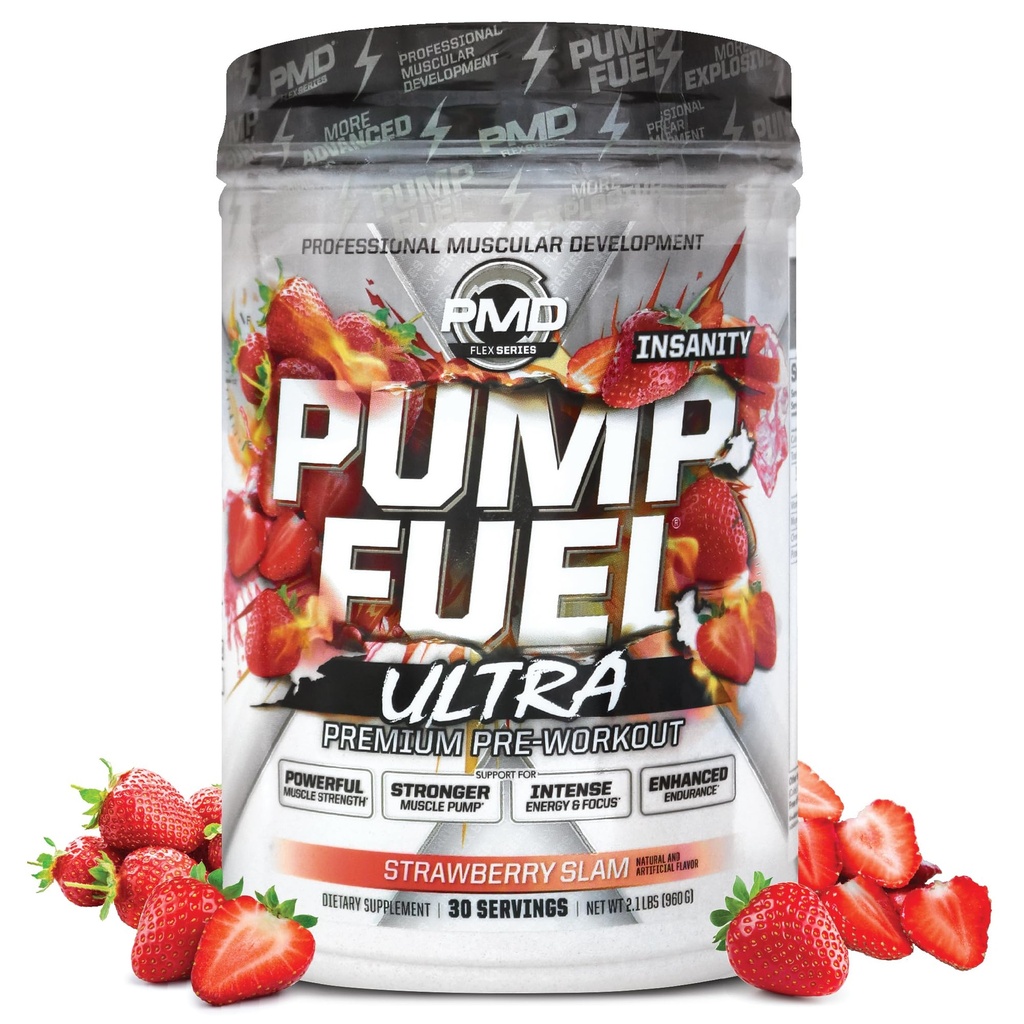 PMD 运动泵燃料 Ultra Insanity - Premium Prewout Powder & Muscle Pumn, 更大的焦点,耐力和复苏,Premium Creatine, Arginine & Beta Alanine - 草莓 Slam(30位服务员)