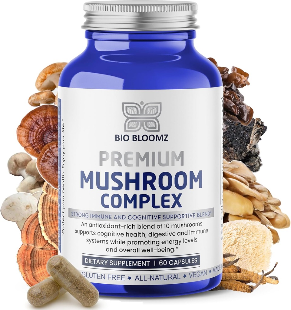 Premium Mushroom Complex Capsules - 狮子的马恩补充健康公式与土耳其的Tail,Shiitake, Cordyceps, Reishi, Chaga, Maitake - Immune 支持蘑菇 草药补充 - 60