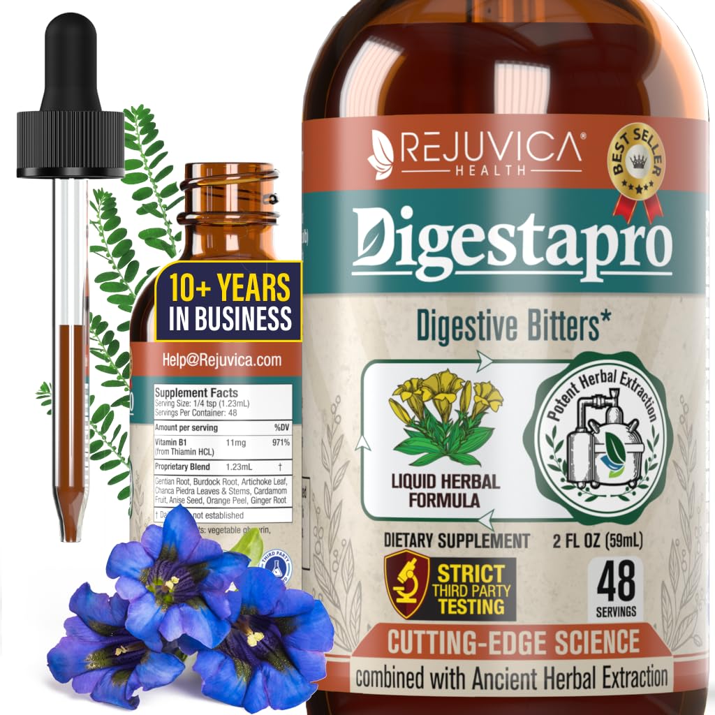 Rejuvica Health DigestaPro - 高级文摘比特斯补编 - 液体交付更好的吸收 - Gentian, Artichoke, Burdock, Chanca Piedra, Ginger & More!