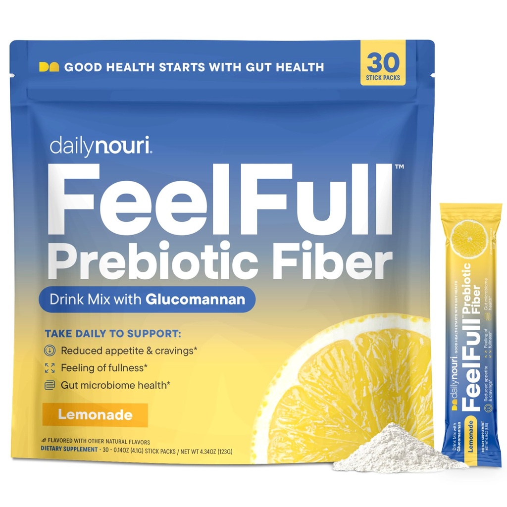 Nouri FeelFull Prebiotic Fiber drink Mix QQ支持自然完整, Appetite & Cravings Control, Gut & Metabolic Health → Oligofructose, Glucomannan & Chromium → 30 棒包装