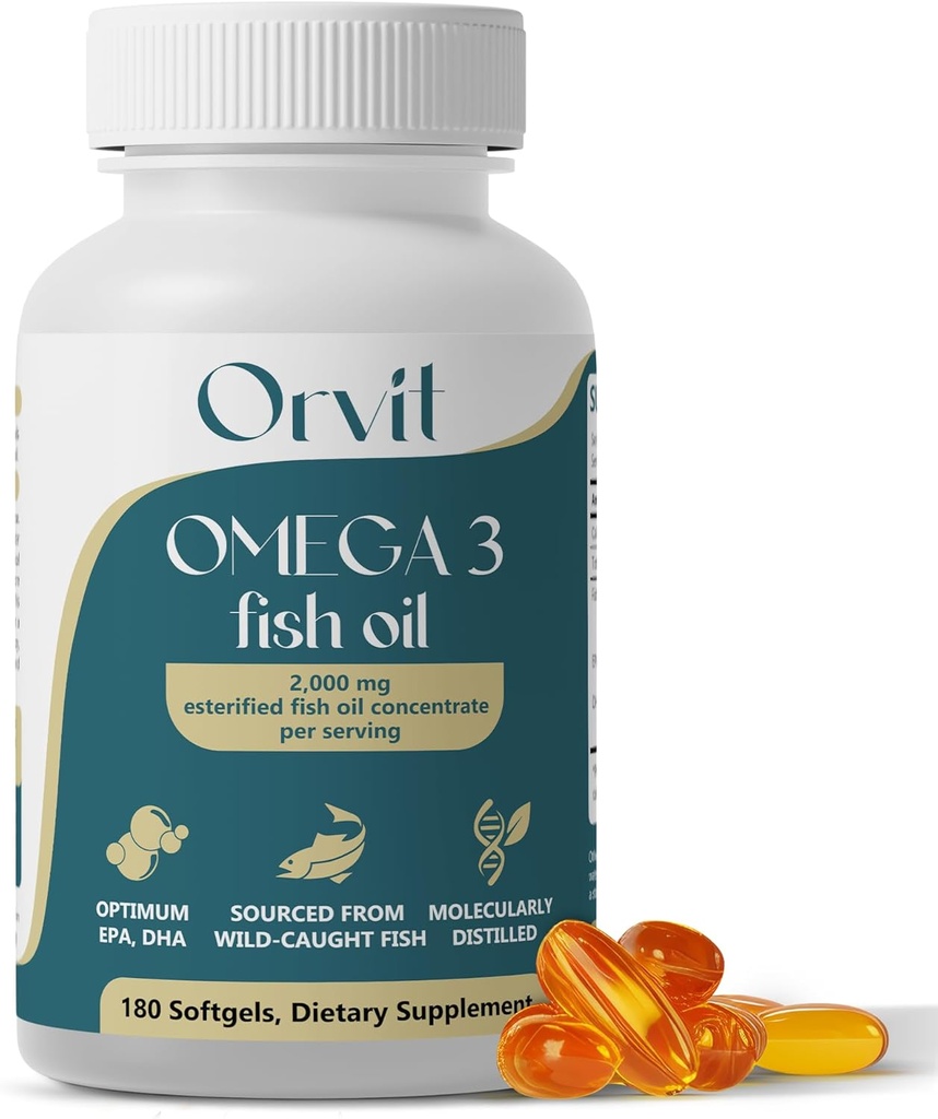 ORVIT Omega 3 Fish Oil Softgel 2000 mg - Ultimate EPA DHA 男女配料 - Burpless - 无鱼味 - 180 软胶 - 有机,非转基因 - 美国制造