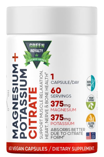 氯化镁 + 钾 60 Premium Vegan Capsules (Citrate 375 mg) + (375mg Potasium) 非转基因生物, Gluten Free - 美国制造的高吸收补充剂