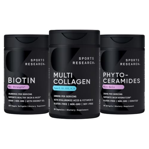 运动研究 Vegan Biotin 10,000 mcg 配有椰油,多科拉根药丸(第I,II,III,V,X号) 水解Collagen Peptides 配有Hyaluronic Acid + Vitamin C & Phytoceramides 每软胶350 mg