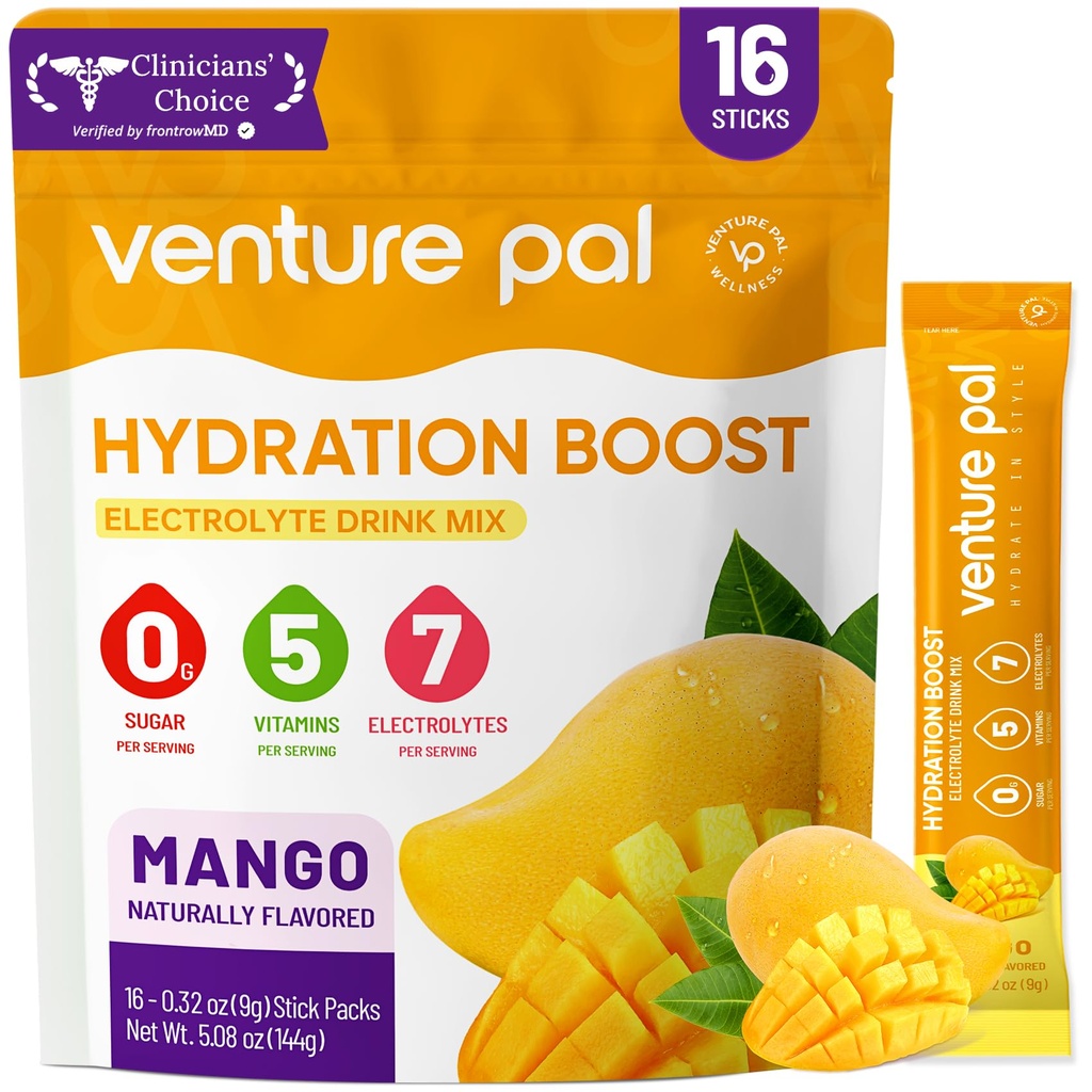 Venture Pal 糖无电解质 Power Packets - 液态日报 IV 水分包 QQ 电解质 Drinking Mix with 5 Vitamins & 7 Electrolytes & Keto 友好 QQ 非GMO QQ 认证 Vegan 16 棒