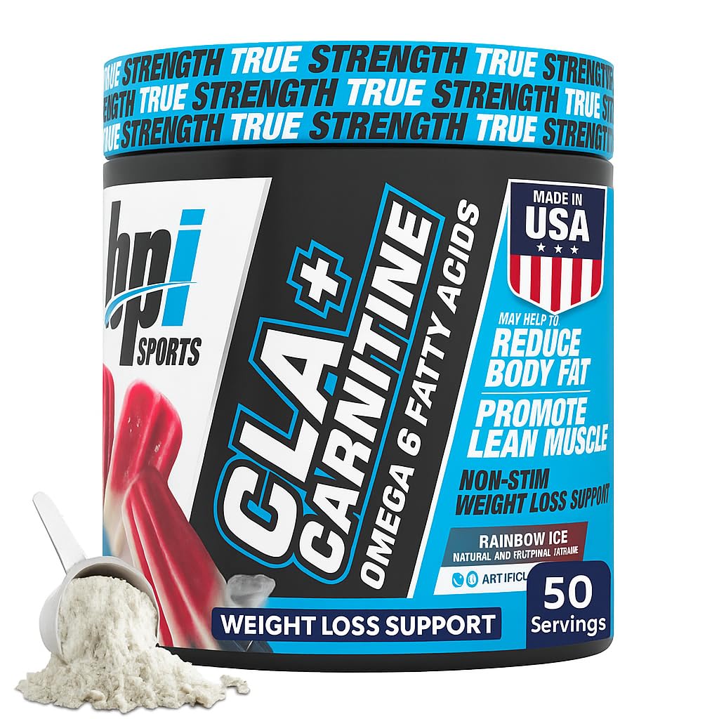 BPI Sports CLA + Carnitine Powder – 非兴奋剂脂肪燃烧器减肥,代谢和精液肌肉 – 咖啡因自由 – 彩虹冰 – 50 services – 12.34 oz