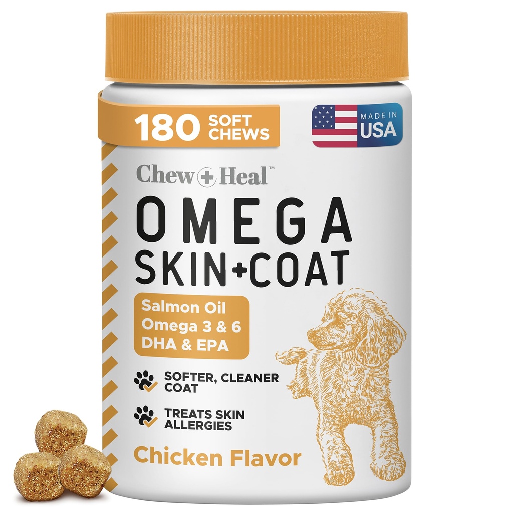 养狗的沙门油 - 180 柔性 Chew Omega 治疗皮肤和煤 - 鱼油混合 基本脂肪酸,Omega 3和6,维生素,抗氧化剂和矿物 - 美国制造