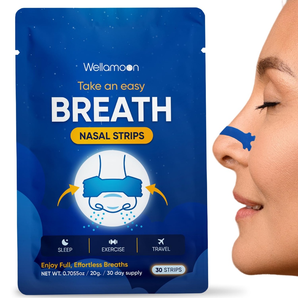 Wellamoon Nose Strips for Breathing (30 Ct) - Breathe Easy & Right Nasal Strips for Snoring & Sleeping - Oil & Sweat Proof Adhesive Snoring Solution- Improves Oxygen Intake, Sleep & Reduces Snoring