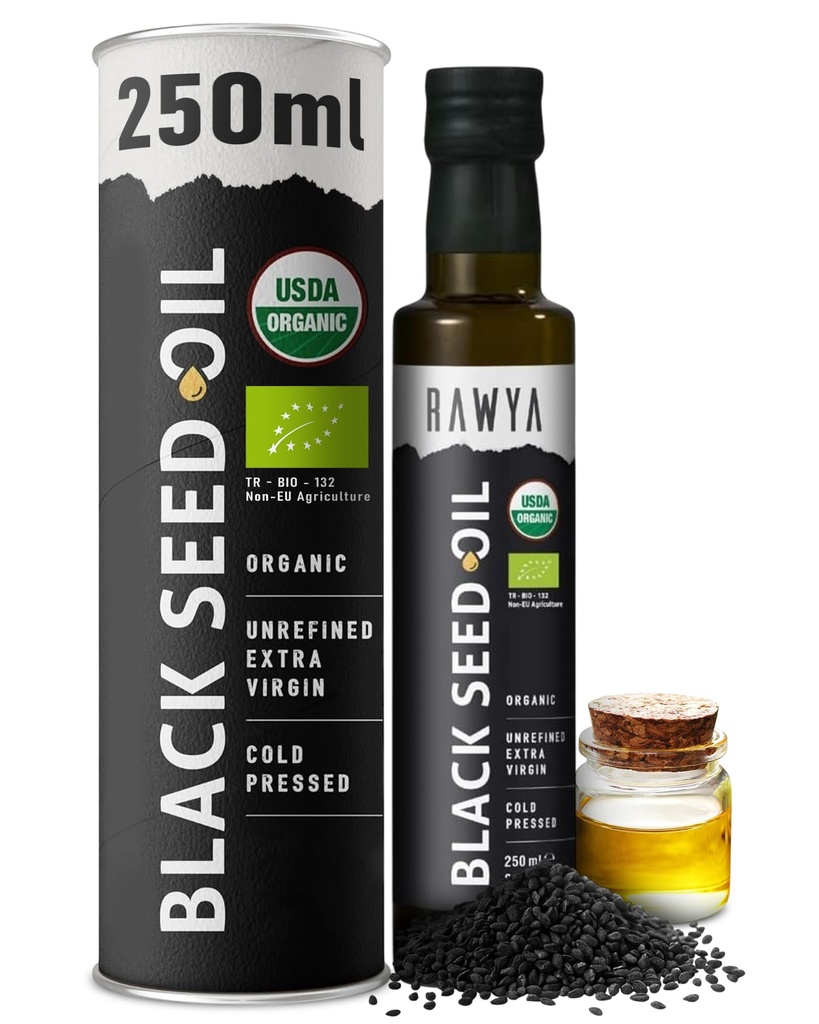 RAWYA 黑种子油 - USDA 有机认证 - 冷压 - 8.4 Fl oz - 额外处女 - 土耳其黑人 Cumin 种子 - Premium Nigela Sativa with Thymoquinone - Karonji - 非GMO, Gluten - Free - 营养补充 - 特强味