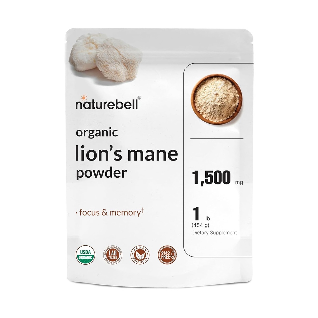 Nature Bell 有机狮子 粉末 1,500 mg Pervice, 1lb 整片果实体 & Mycelium 蘑菇源 — Focus, Memory, & Immune 健康补编 — Non-GMO, Vegan