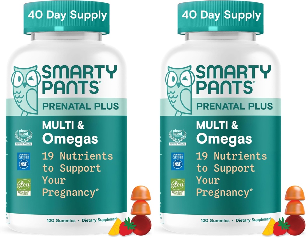 SmartyPants 产前多维生素Gummys,Omega 3 (DHA/EPA), 甲基folate, Biotin, 维生素D3, C, 维生素B12, B6, A, K & Zinc, Gluten Free, 120 Counter (40天供应) (Pack of 2)
