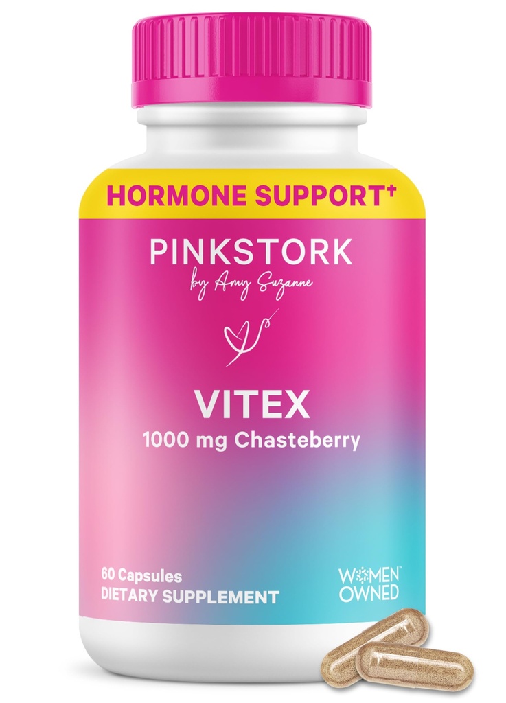 Pink Stork Organic Vitex – 1000 mg 恰斯特树莓 – 基于植物的Perimenopause和荷尔蒙和谐支持 – 帮助保持循环规律和健康 Progesterone平衡 – 60 Vegan Capsules