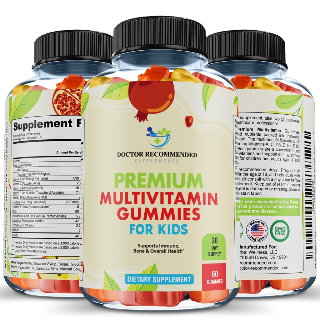 托德勒斯和孩子们的多维他命蛋白 - 可口味的维生素A, C, D3, E, B6, B12, Biotin - 无高果糖- Corn- Syrup 或人工甜甜剂 - 60 Gummys, 30日供应