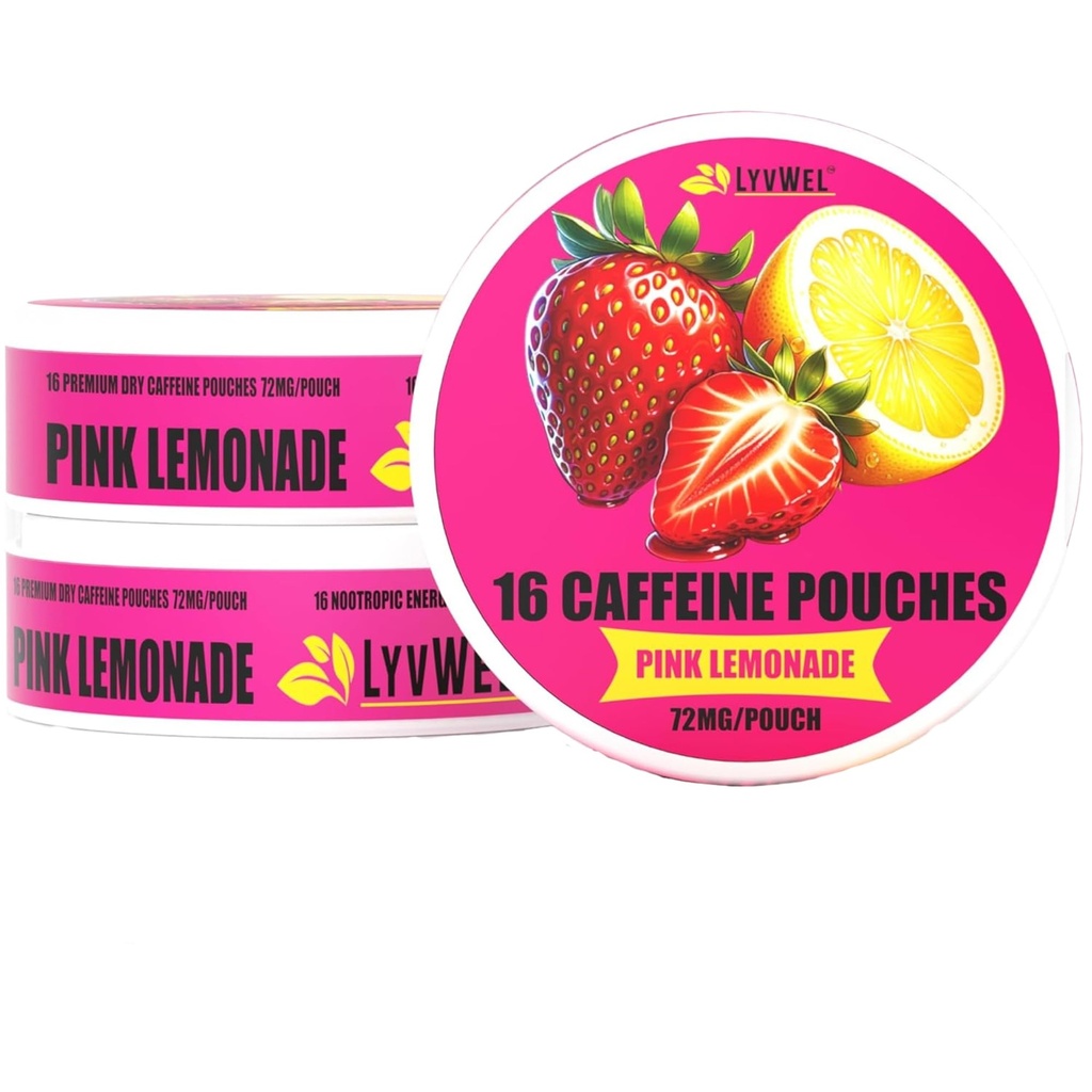 LyvWel 72mg Cafeine Energy Pouches QQ Notropic Focus & Neuro Supports 3-Pack 16 Pouches Per Can QQ 无烟草 无尼古丁 快速能源解决方案(3 Pack,粉红柠檬水)