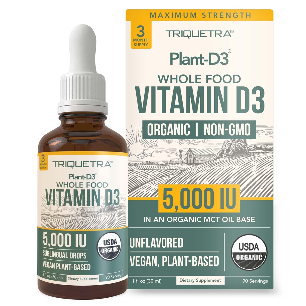 植物-D3 有机维生素 D3 5000 IU - Vegan, 最大强度亚语言液体 D3 滴水量 - 200% 高吸收量 - 100% 植物基胆固醇形式 - 适用于所有年龄的可调整剂量(1oz液体)
