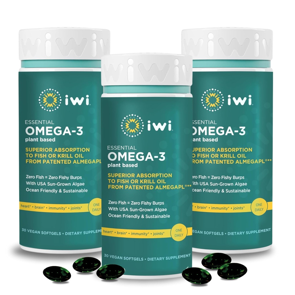 Iwi Omega-3 基本,90软胶(90种服务),植物藻类Omega 3,配有EPA + DHA,脑,心和免疫辅助饮食补充剂,Krill和鱼油替代剂,无鱼味余料