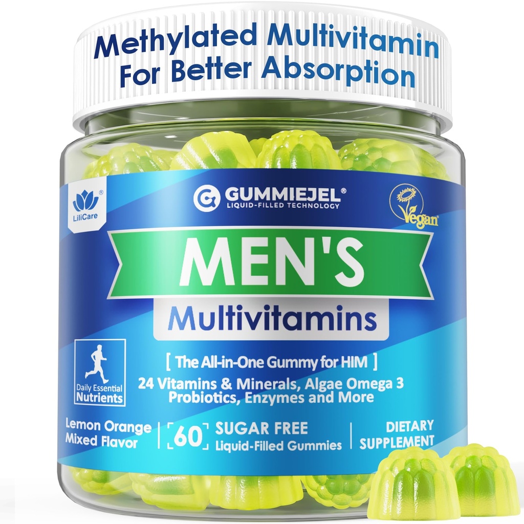 Mens Multivitamins Gummys, 甲基化多维敏用于男性, B 复合体, 矿物, Vegan Omega 3, Probiotic, Enzyme, 抗氧化剂用于男性的全日支持, 无糖, Vegan(无铁) 60 Counts