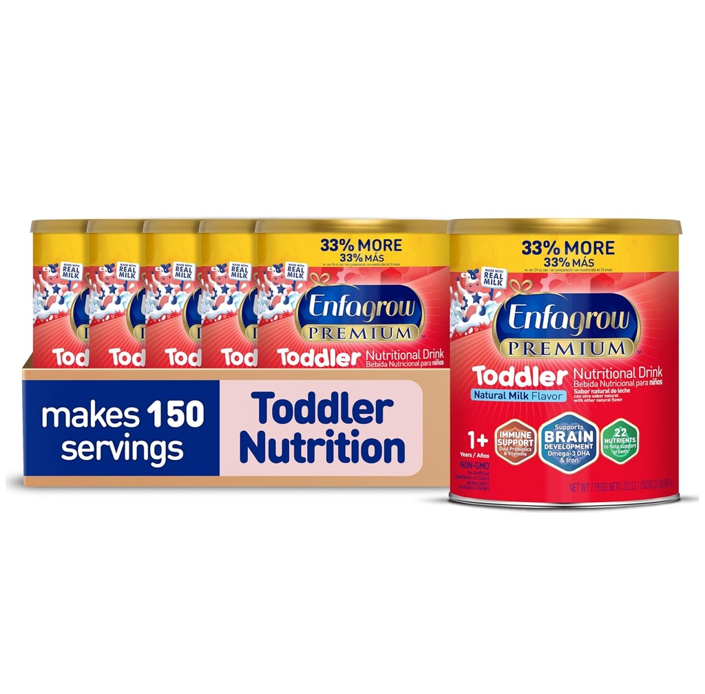 Enfagrow PRIMIUM TODLER 营养饮料,用真牛奶制造,脑积木OMEGA-3 DHA,生长和免疫支持营养素和预生,非GMO,托德勒奶粉,32 Oz Can,6 Counter