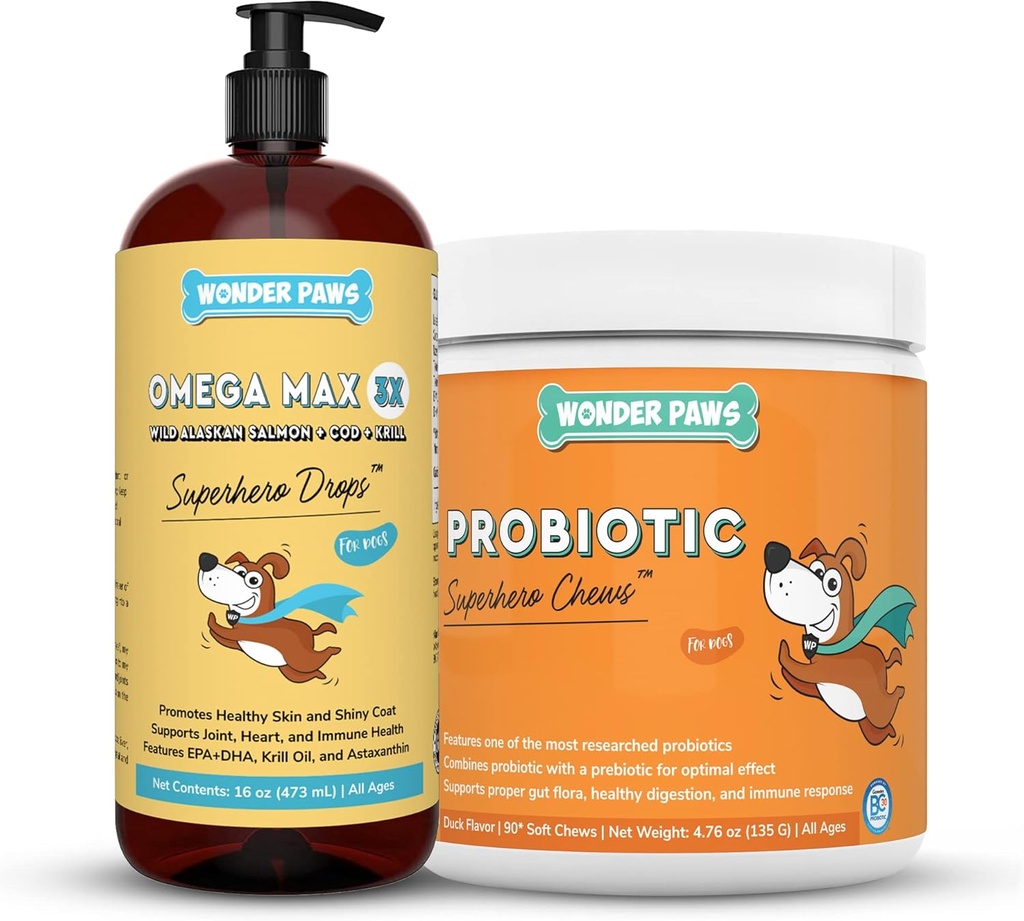 WONDER PAWS Omega Max Fish Plus Probiotic Chews - 用于狗联合健康,皮肤湿度,古特健康与日常健康 - Omega Max 16 Ounces - Probiotic 90 Chews