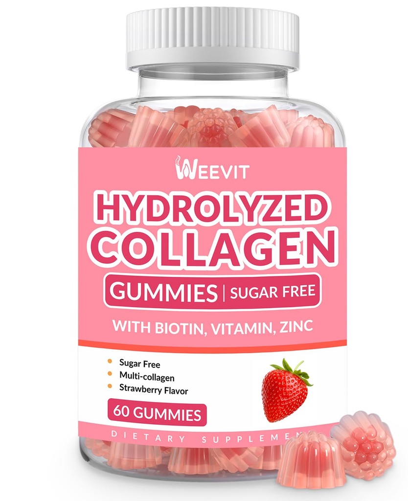 Collagen Gummys for Women, Hydrized Collagen Peptides Gummys with Biotin, Collagen 补充Gummy 配维生素B12, C, D, 锌换毛皮钉