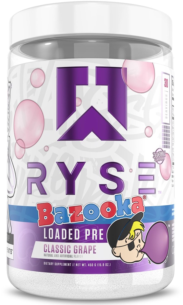 RYSE 加载的预工作粉 - Bazooka Grape - 男女每日预工作,配有390mg的咖啡因,Beta Alanine,以及Citrulline for Pump, Focus, and Energy - 30 services