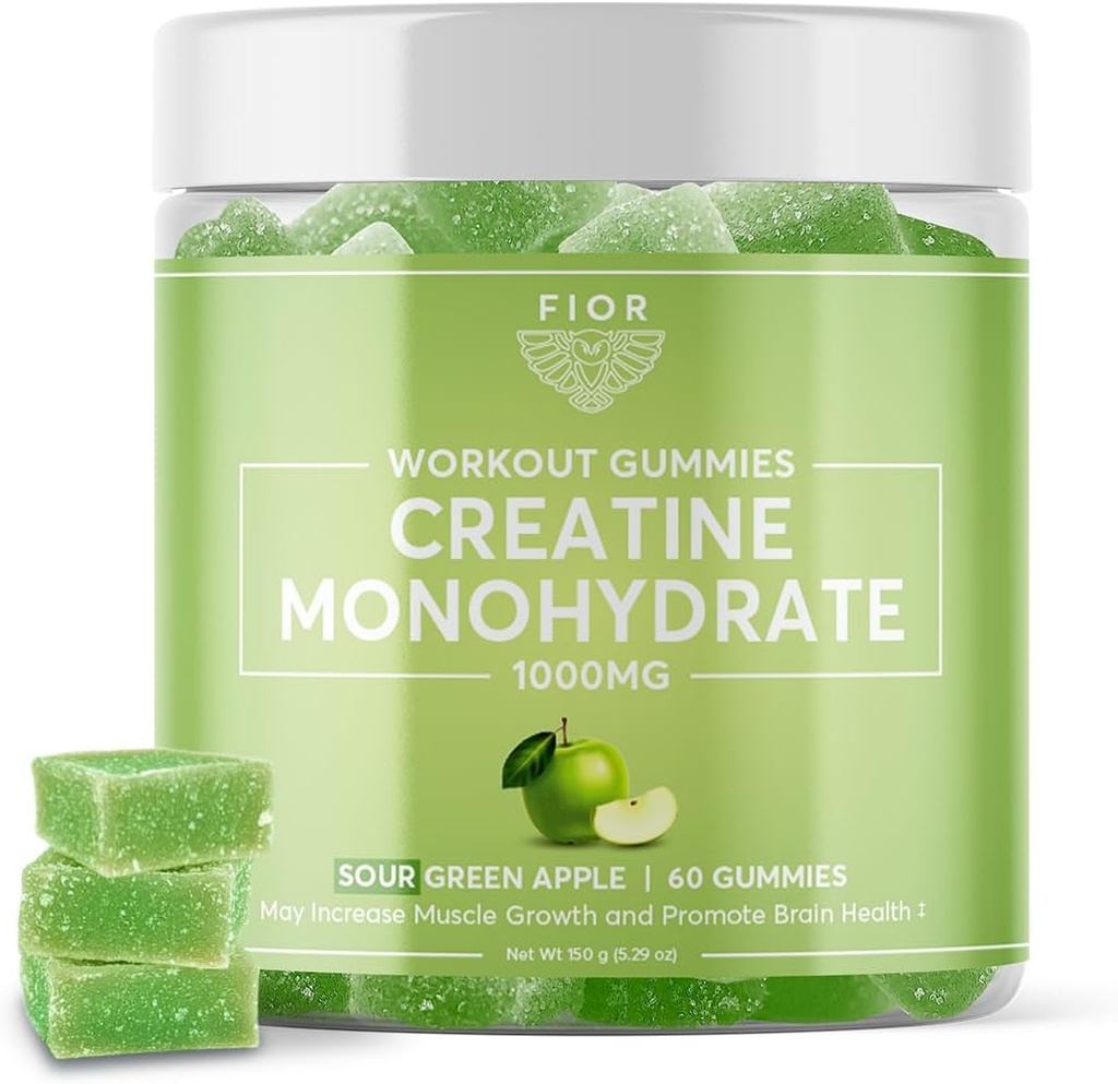 FIOR Creatine Gummy - 最佳Creatine Monohydrate Chewable, 60 Counter, Workout & Protein 补充,认知增强,酸绿苹果 Flavor, 30 services