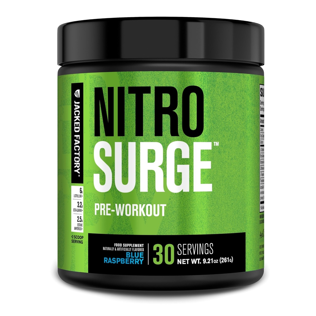 Jacked Factory NITROSURGE 工作前补充 - 能源助推器,即时强力增益器,清晰聚焦和密集泵 - NO 助推器和强力预处理能源粉 - 30 services, Blue Raspberry