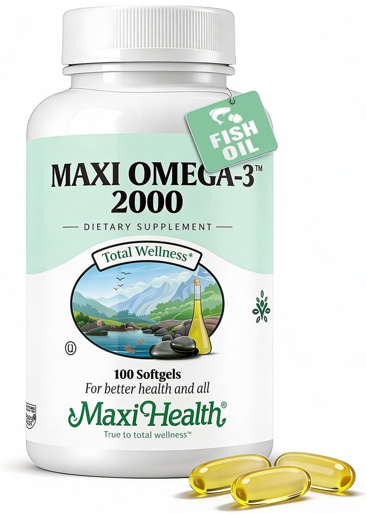 Maxi Health Omega 3 Fish Oleg 2000mg – Fish Olega 3 Supplies with no Fishy Aftertaste – 三强 EPA DHA – Kosher Omega3 帮助支持整体健康的补充(100软胶)