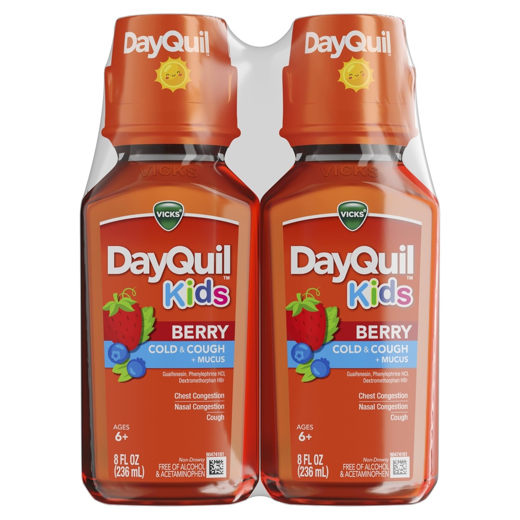 Vicks Kids DayQuil Berry Cold & Cough Medicine Co-Pack, 日间缓解多种症状, 极品Berry Flavor, 无酒精和乙酰胺酚, 对于年龄6+, 2x8oz