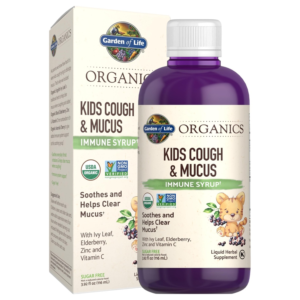 生活植物园 老人莓和锌用于儿童免疫支持,儿童 cough & Mucus Immune Syrup与Ivy Leaf, 维生素 C和Echinacea用于儿童,无酒精,无添加糖, 3.92 fl oz