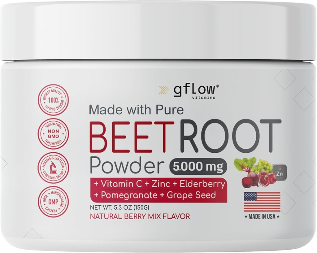 Beet Root Powder - Nitric Oxide Boost and Heart Health - 非GMO 超级食品补充 - Natural Berry Mix Flavor, 30 services (英语).