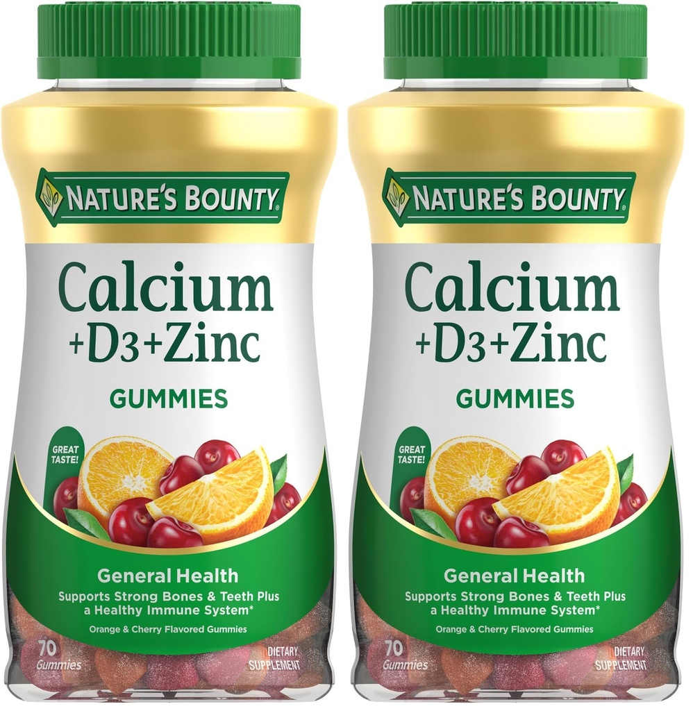 自然的丰产钙 + D3 + Zinc Gummys, 支持坚固的骨骼和牙齿+ 健康免疫系统, 500mg, 橙和樱桃 Flavored, 70 Gummys (Pack of 2).
