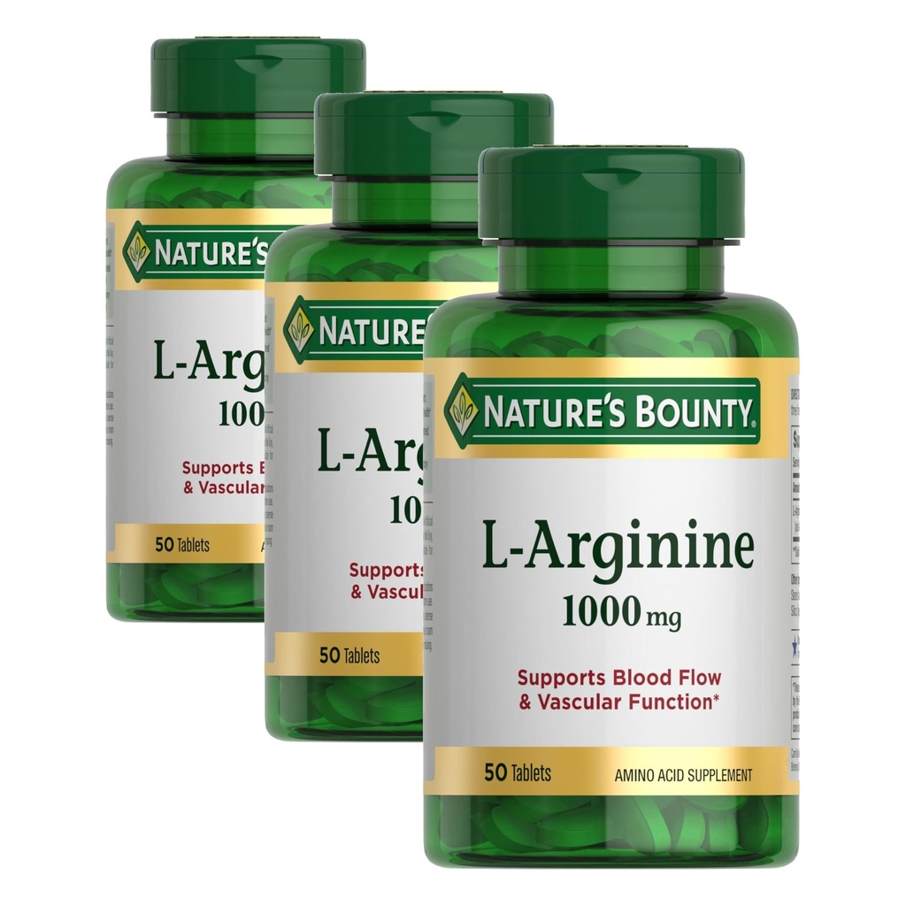 Nature's Bounty L-Arginine 1000mg 支持血液流动和血管功能 – Non-GMO, Gluten Free, 50 plats (pack of 3)