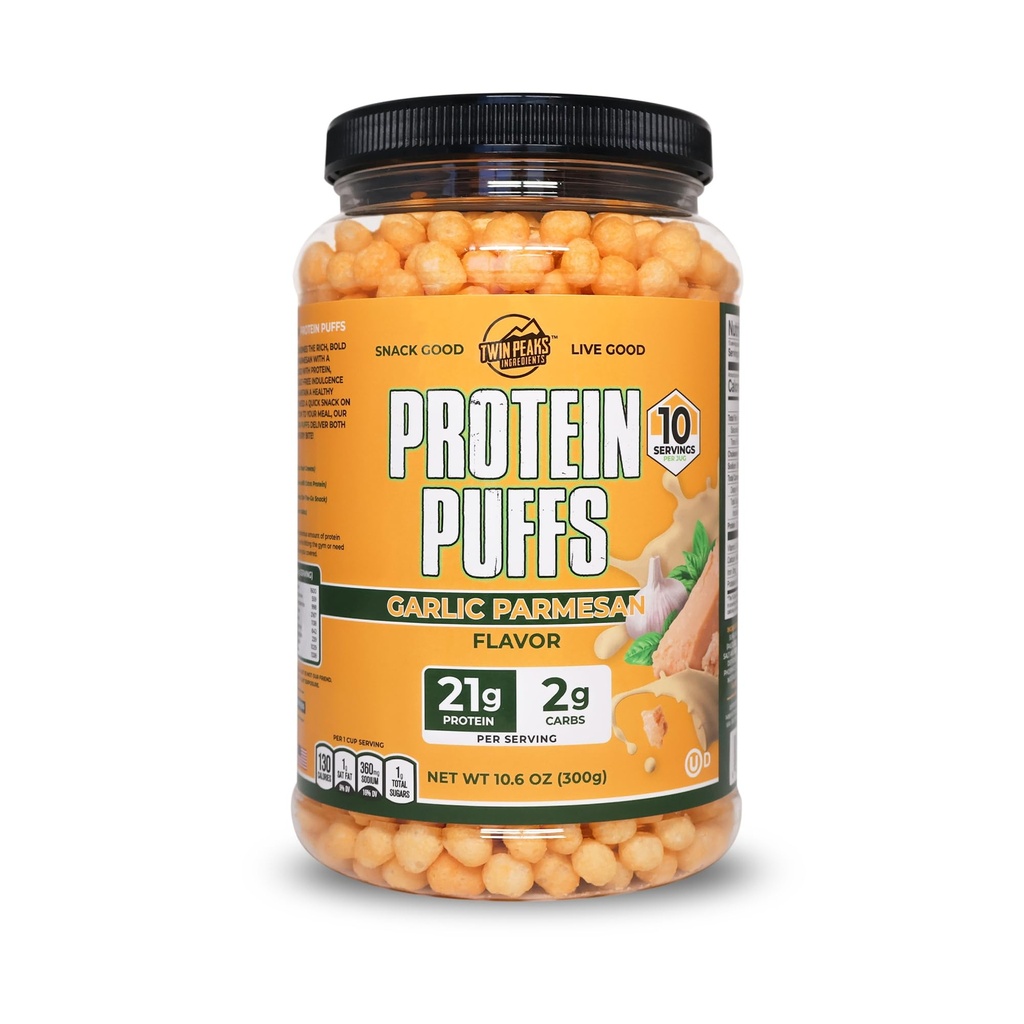 双峰蛋白(英語:Twin Peaks Protein Puffs - (Garlic Parmesan)),Keto 友好型,低卡布斯纳克(300g,21g 蛋白,2g Net Carbs,高蛋白,健康Crunchy Snack)
