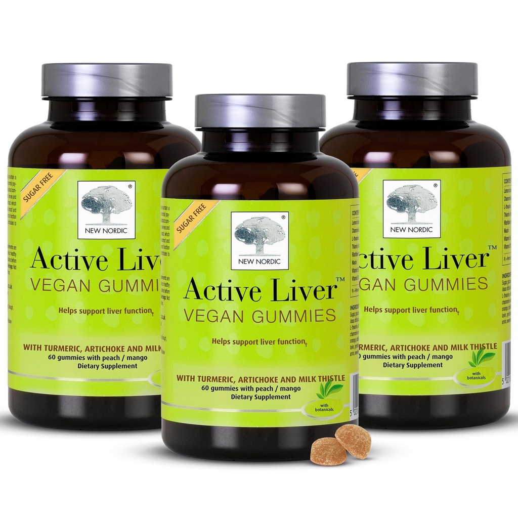 新北欧活跃的Liver Gummys, Milk Thetle, Artichoke & Turmeric 补充, 天然桃仁 & Mango Flavor, Sugar Free & Vegan, 60 Counter (Pack of 3)